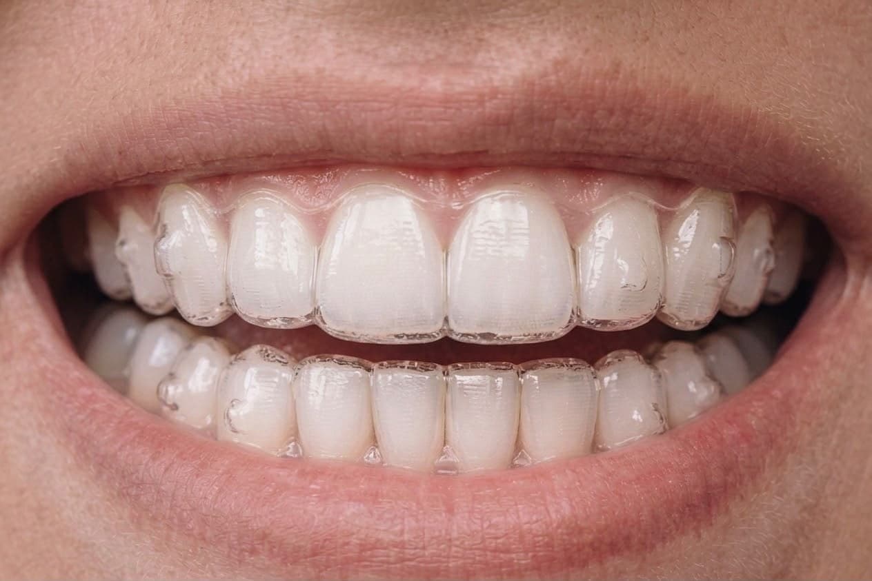 The smile wearing clear aligners on both arches