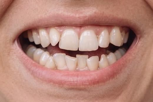 Smile with crooked, uneven teeth before treatment